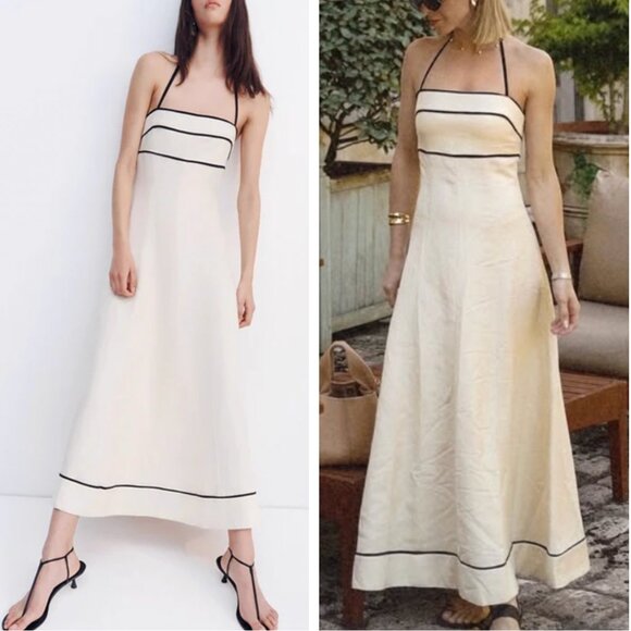 Shona Joy Billie Contrast Panelled Midi Dress Sz4 Ecru Black Halter Cocktail - Picture 2 of 13